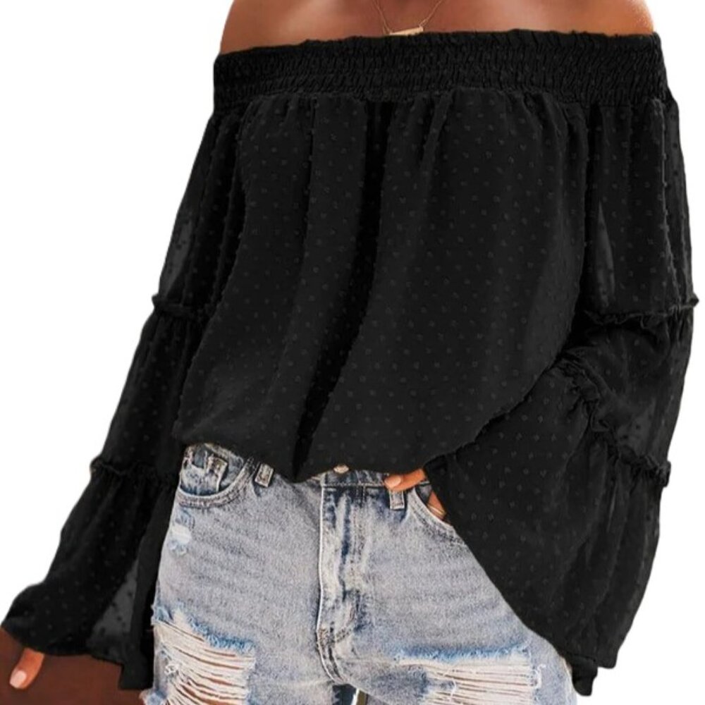 Anna Kaci NEW Black Off Shoulder Ruffle Long Sleeve Blouse Size S M L XL 2XL